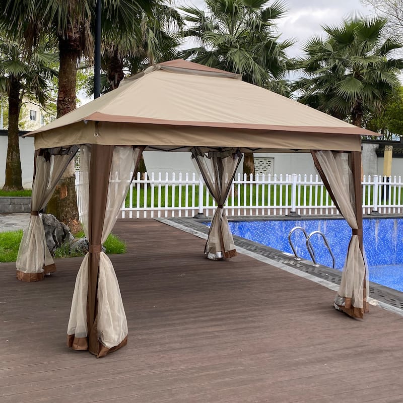Outdoor 2-Tier Soft Top Event Tent Gazebo Canopy With Removable Zipper Netting - Coffee