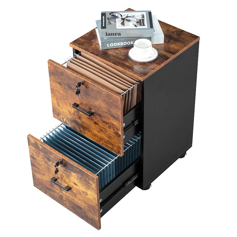 Brown and Black 2-Drawer Rolling Wood File Cabinet with Lockable Wheels for Office Storage