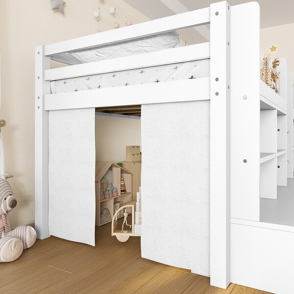 Twin XL Pine Wood Low Loft Bed with Multi-Storage Shelves, Curtain