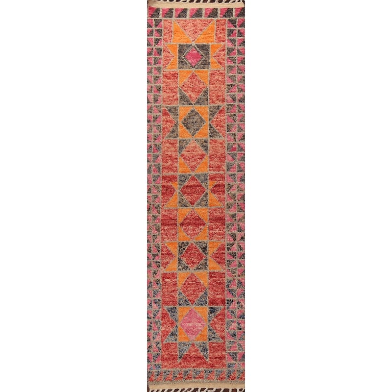 Geometric Oriental Moroccan Wool Runner Rug Handmade Staircase Carpet - 2'5" x 12'7"