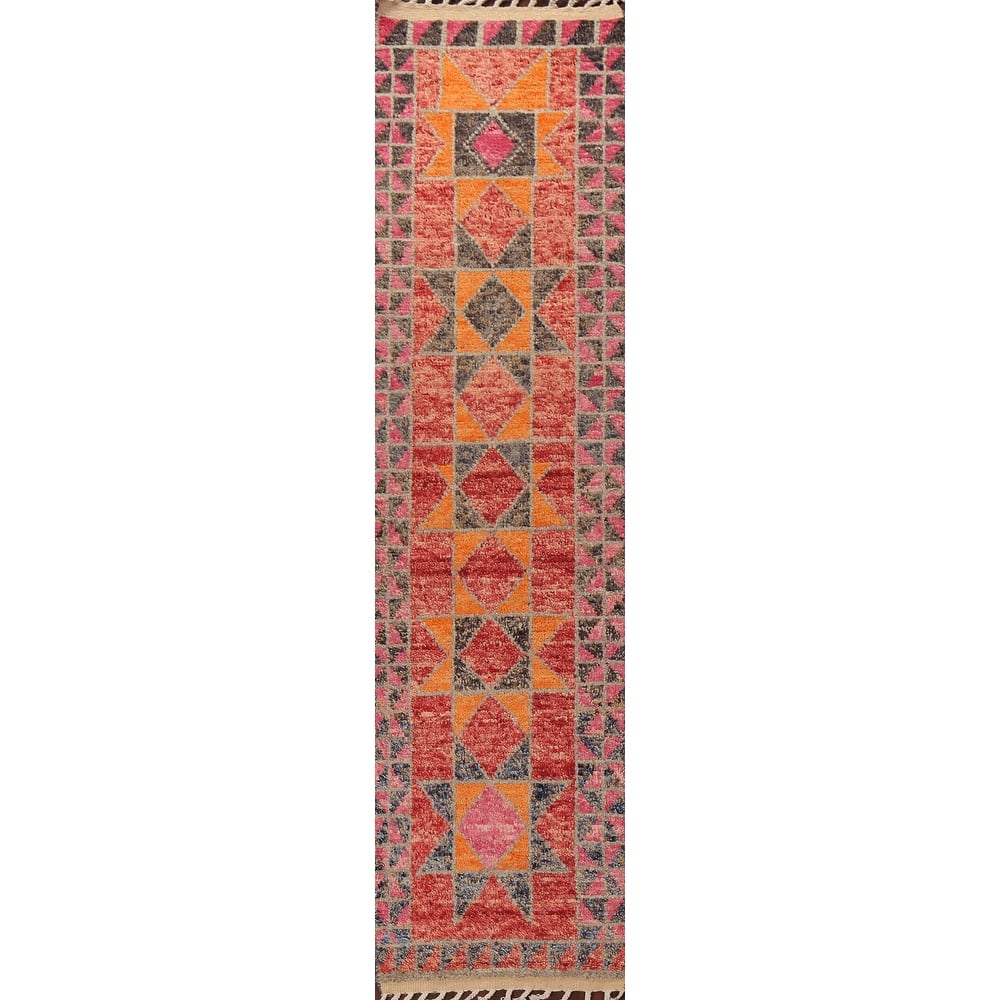 Geometric Oriental Moroccan Wool Runner Rug Handmade Staircase Carpet - 2'5" x 12'7"