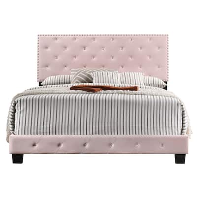 Tufted Faux Jewel Velvet Upholstered Full Panel Bed - 77" - Pink