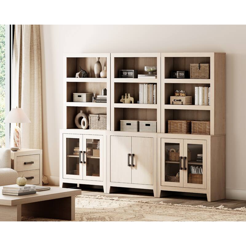 WAMPAT 74" Tall Bookshelf with Glass Doors, Farmhouse Bookcase with Open Shelves