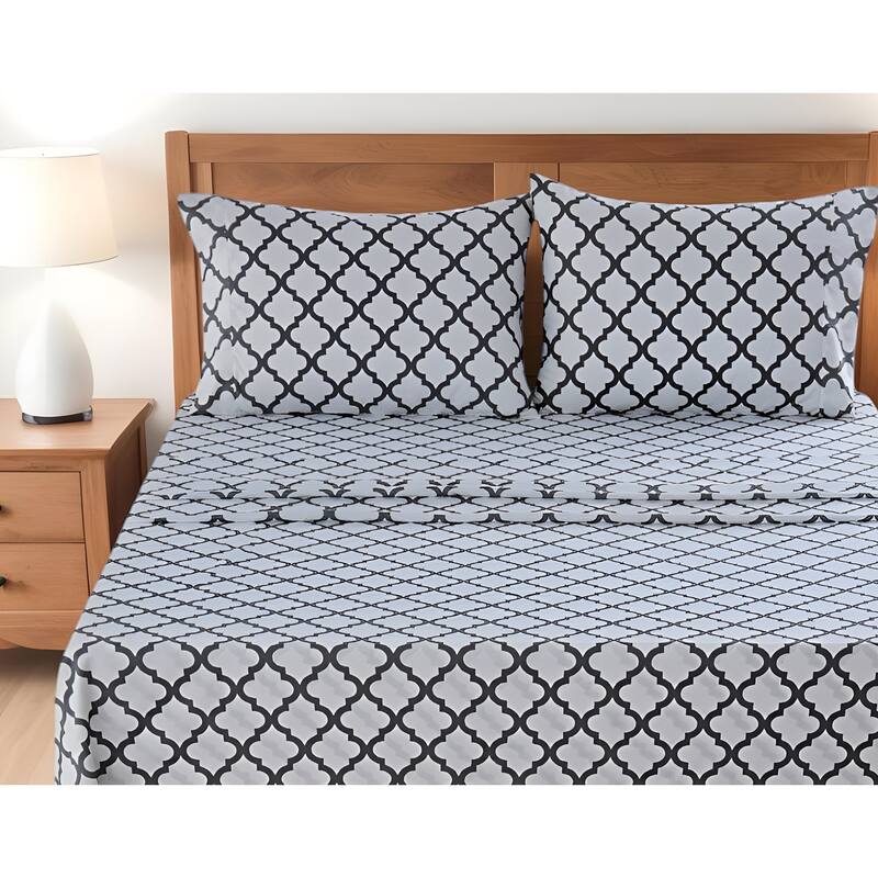 Four Piece White and Charcoal Quatrefoil Microfiber Queen Sheet Set - White and Charcoal - Queen
