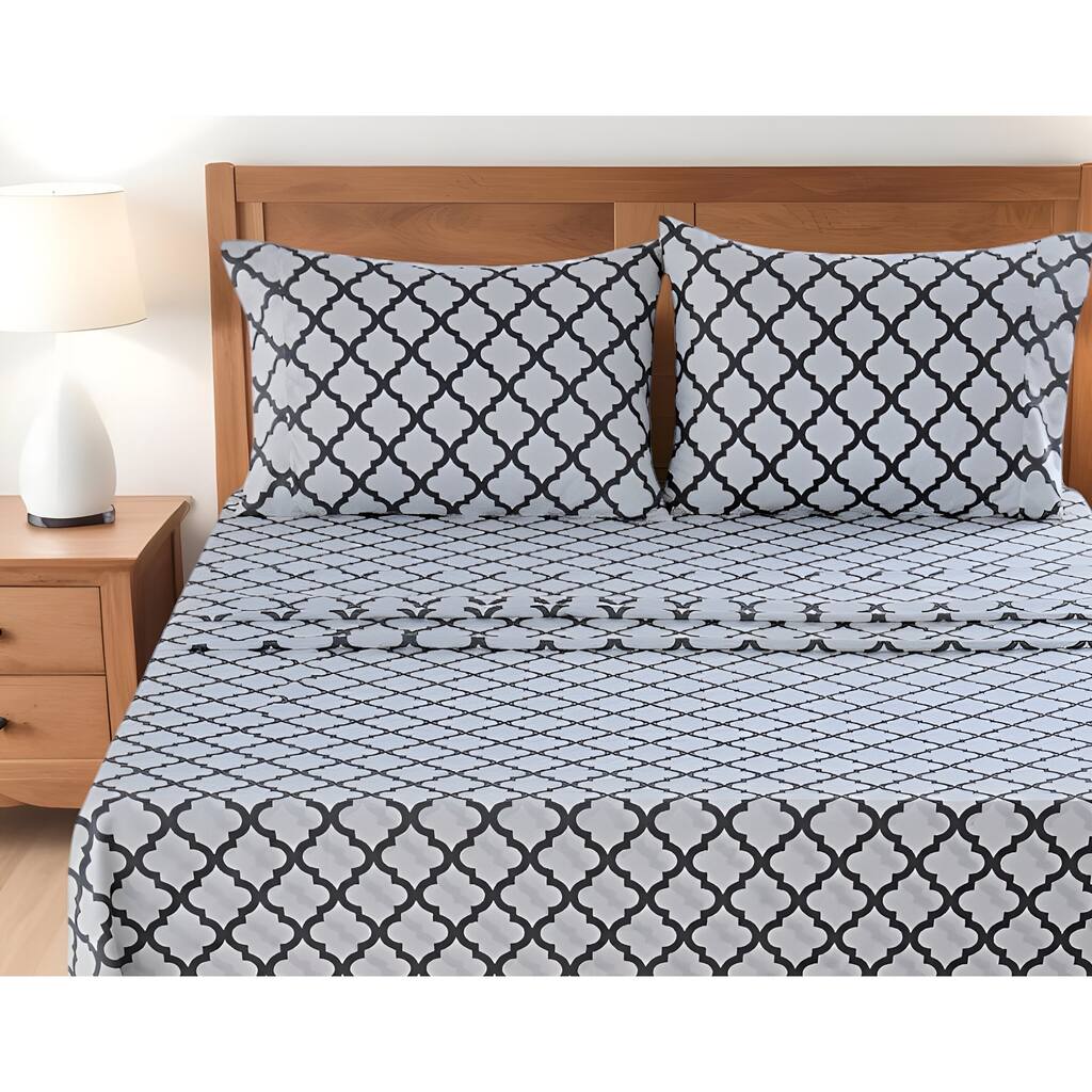 Four Piece White and Charcoal Quatrefoil Microfiber Queen Sheet Set