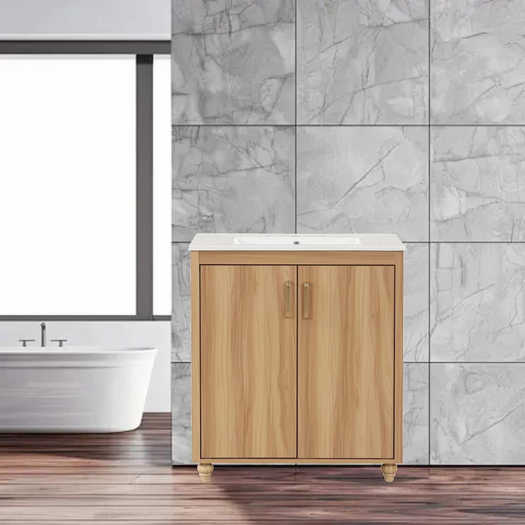 Modern 30" Bathroom Vanity with Ceramic Sink, MDF Cabinet with Doors and Drawer, Adjustable Shelf for Bathroom Storage