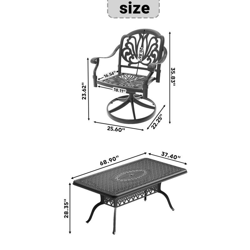 7-Piece Aluminum Rectangular Outdoor Patio Dining Set, 6 Cushioned Swivel Chairs, Table, All-Weather Frames