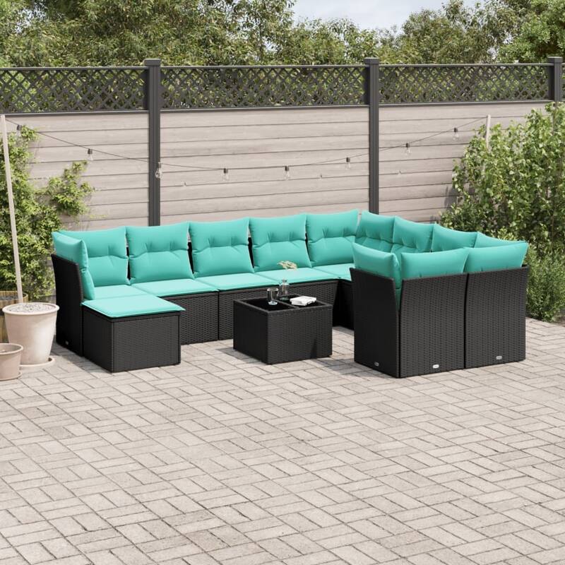 vidaXL 11 Piece Patio Sofa Set with Cushions Black Poly Rattan - 24.4x27.2x24.4