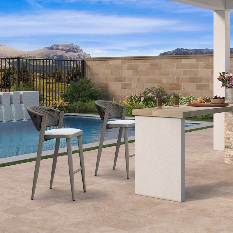 PURPLE LEAF Bar Stool Set of 2 Outdoor Rattan Bar Chair with Back Metal Bar Height Stool Wicker Barstool Dark Grey - N/A