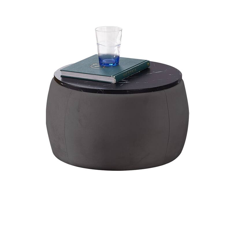 Black Velvet Round End Table, Hidden Storage, Marble Texture Bed Bath