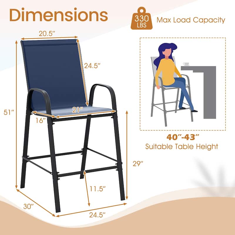 29" Outdoor Bar Stools Set 2 Fabric High Back Chairs with Metal Frame for Decks and Porches - 24.5" x 30" x 51"