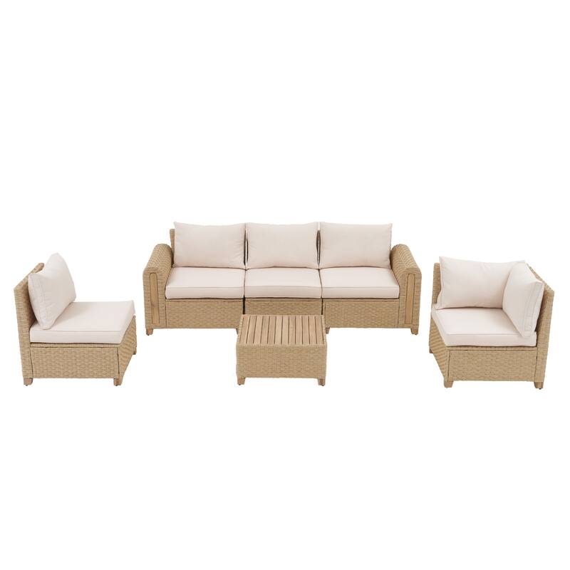 Outdoor Conversation Set L-Shaped Corner Sectional Sofa 6-Piece Patio Modular Sofa and Coffee Table PE Wicker Rattan Acacia Wood