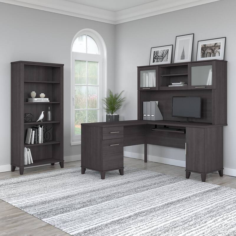 Somerset 60W L Shaped Desk with Hutch and 5 Shelf Bookcase in Ash Gray - Storm Gray