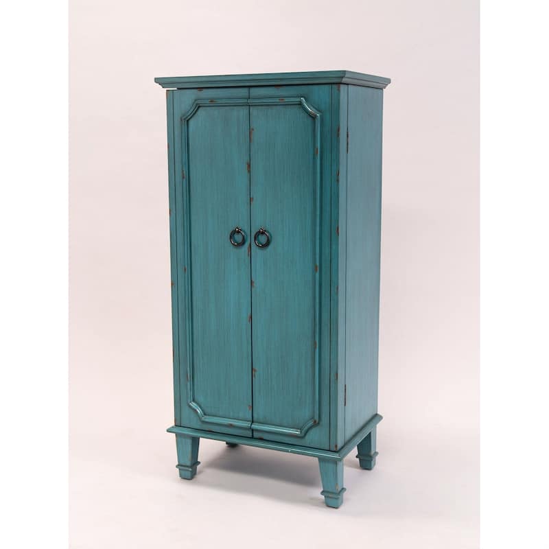 Vintage Turquoise Hand Painted Jewelry Armoire with Antique Drawer Pulls - 13.8 x 19 x 40 inches