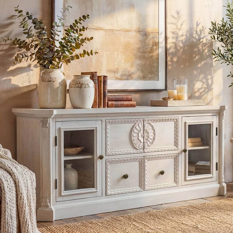 Farmhouse TV Stand with Storage, Solid Wood Media Console Cabinet for Living Room, Fully Assembled