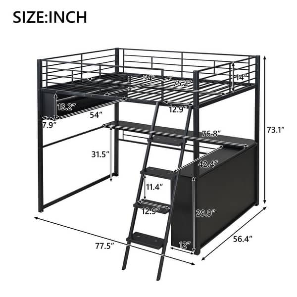 dimension image slide 0 of 2, Loft Bed with L-Shaped Desk, LED Bunk Bed Frame with 4 Storage Shelves, Safety Guard & Ladder