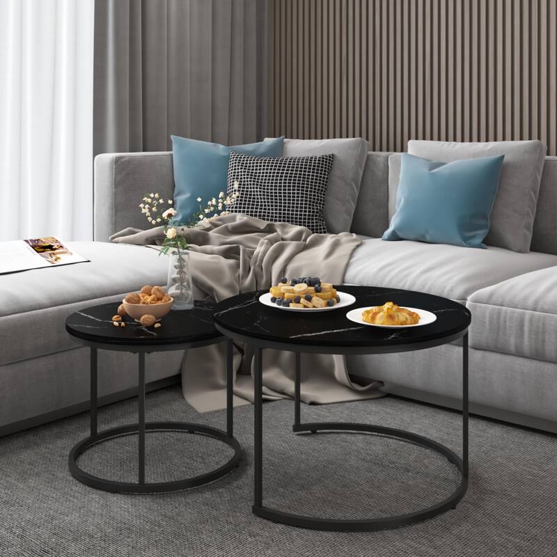 Anmytek Round Nesting Coffee Table Set 2 Piece Wood and Metal Side Tables for Living Room