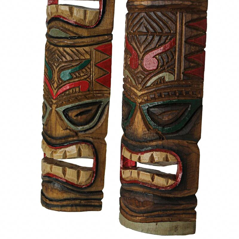 Zeckos 24 Inch Wood Double Tiki Mask Totem Wall Sculptures (Set Of 2)