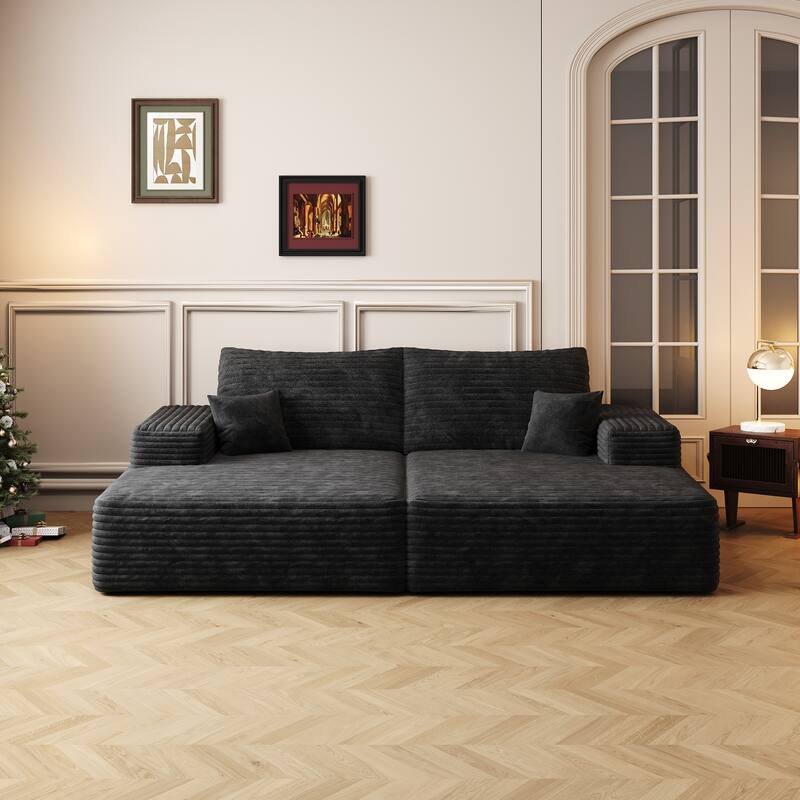 74.8" Modern Sofa Bed with Dual Sleeper, Lounger, No Assembly, Black (Plush Corduroy Fabric)