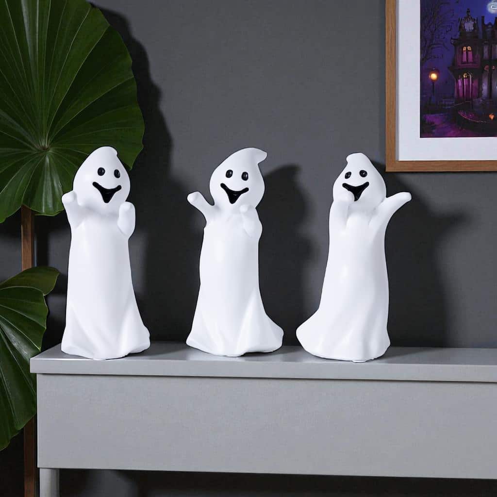HomeRoots Set of Three White Polyresin Halloween Ghost Figurines - 3.05 in. x 6.35 in. x 3.30 in.