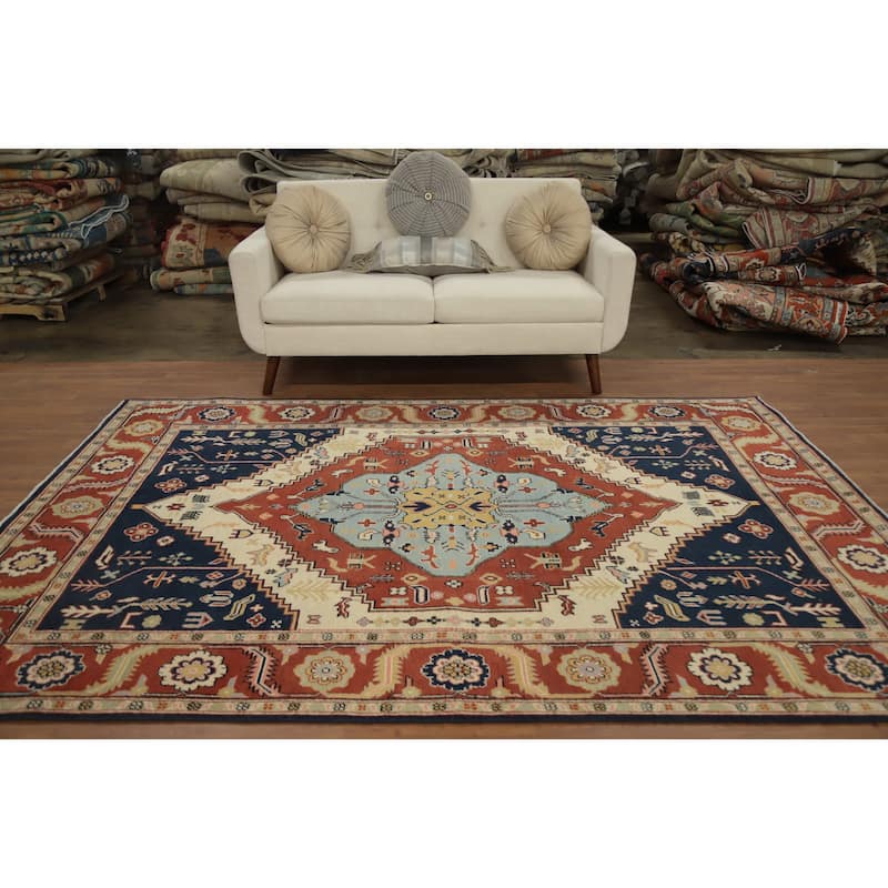 Hand Knotted Oriental 100% Wool Carpet Traditional Medallion Oranges & Rust Heriz (serapi) Area Rug - 8' 11'' X 6' 1''