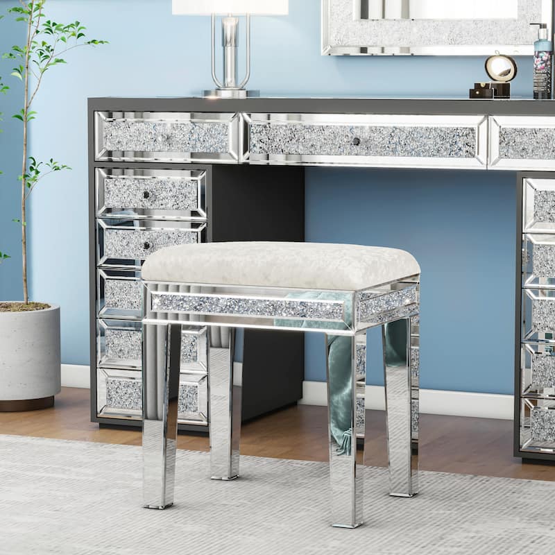 Mirror Diamond Vanity Stool with Velvet Upholstered Seat - Off-White