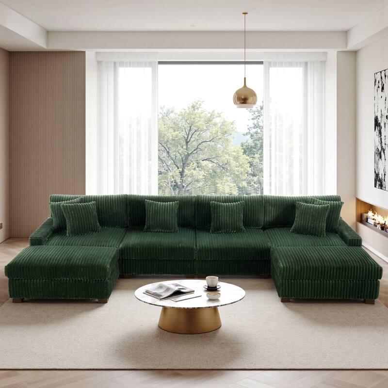 Modular Cotton Flannel Plush Sectional Sofa with Ottomans - Green-6 piece