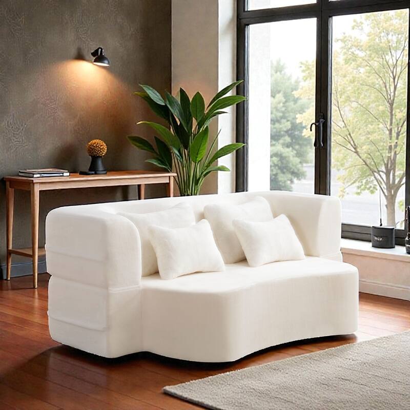 Queen Size Floor Sofa Futon with 4 Pillows, Modern Folding Mattress Couch, Plush Fabric No Assembly