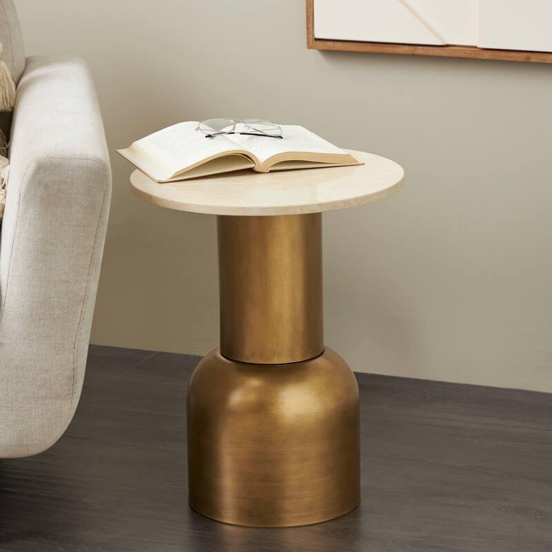 Gold Metal Pedestal Accent Table with Cream Marble Tabletop - Gold