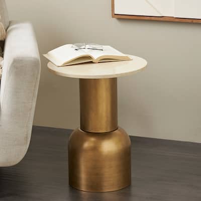 Gold Metal Pedestal Accent Table with Cream Marble Tabletop