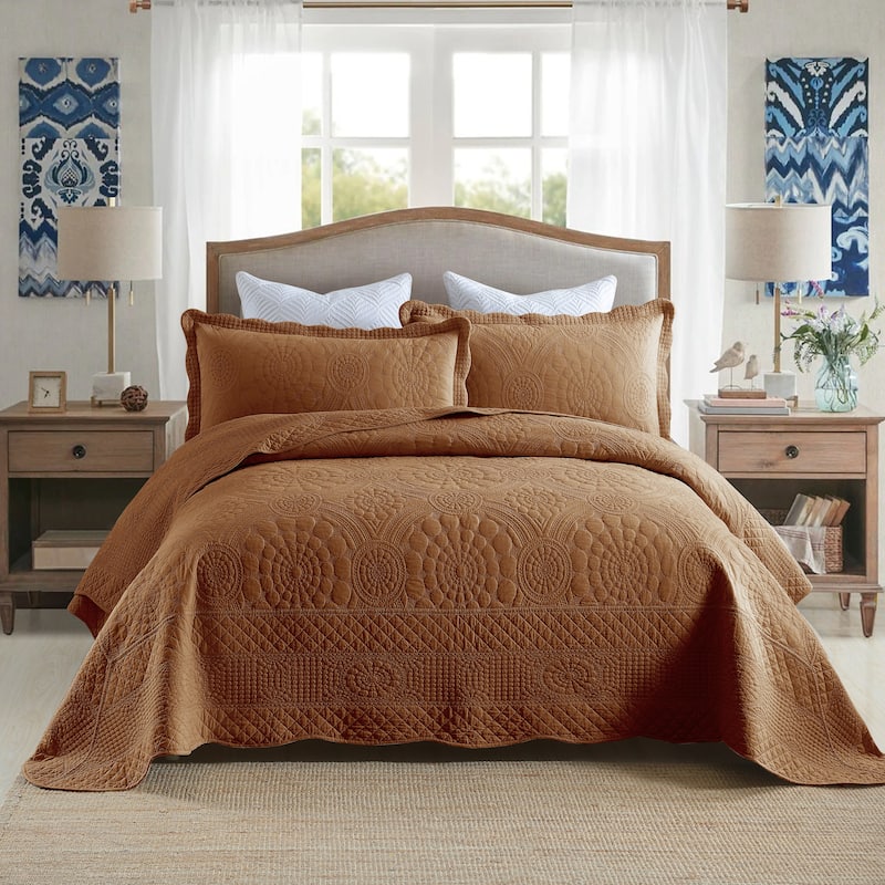 MarCielo 3Pcs 100% Cotton Oversized Quilt Bedspread Coverlet Set TF - Dusty Orange - Oversized Queen