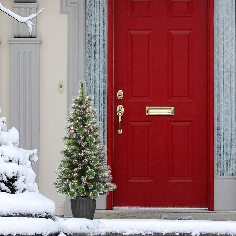 Pre-lit Potted Frosted Pine Slim Artificial Christmas Tree - 4’ - Clear Lights - 4 Foot