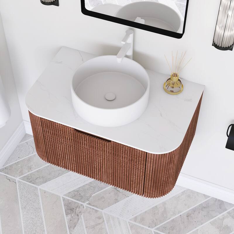 Plywood Wall-Mounted Bathroom Vanity Set with Integrated Ceramic Sink in Natural Wood
