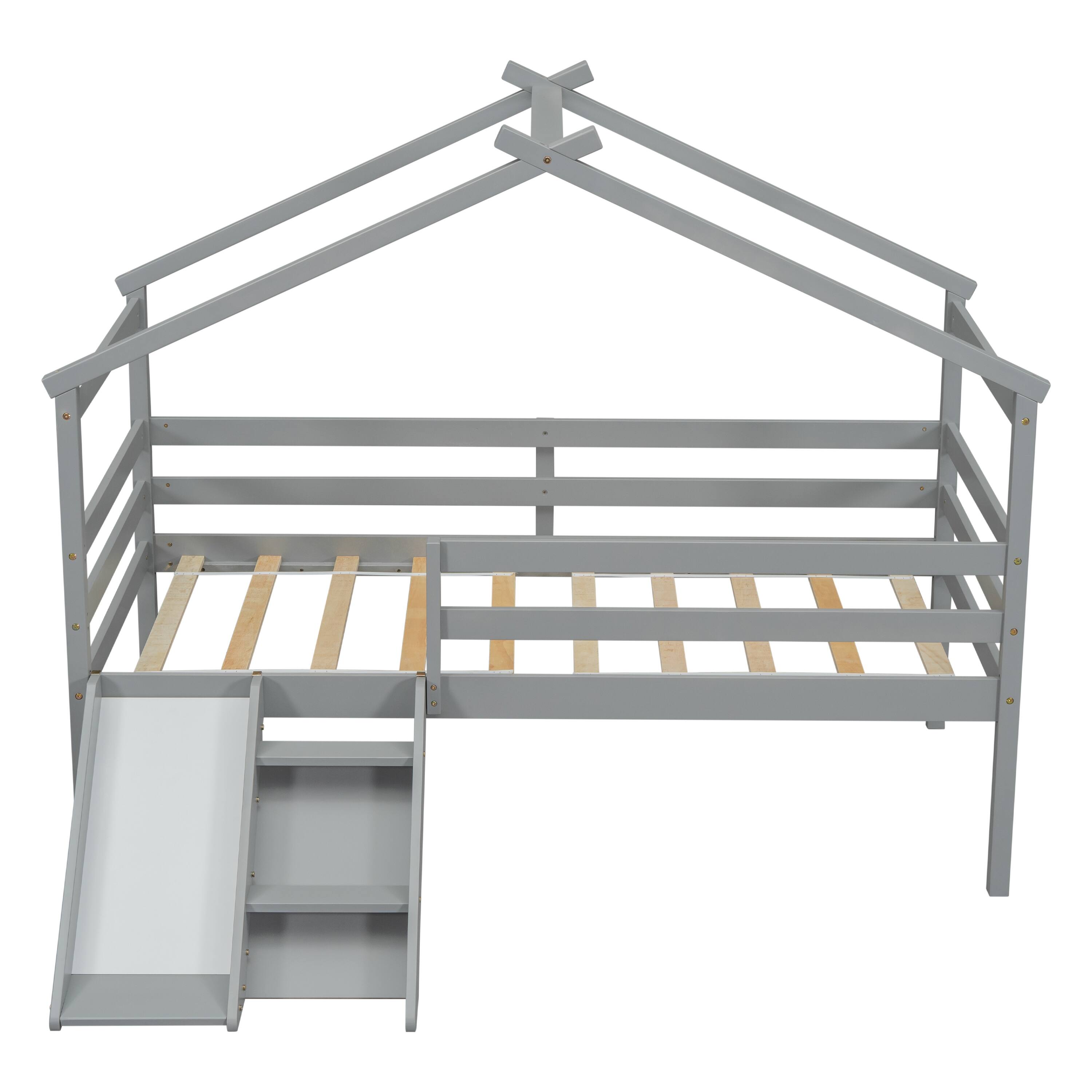 Twin Low Loft House Bed with Slide, Ladder, Safety Guardrails, House