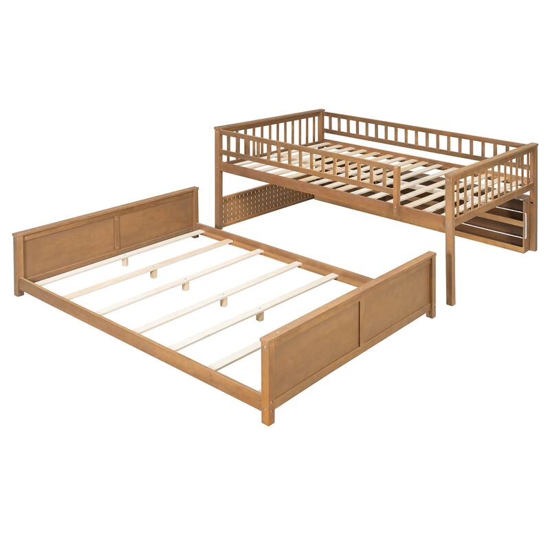 Full XL over Queen Bunk Bed with Integrated Shelving, Color-Changing Lights and Pegboard