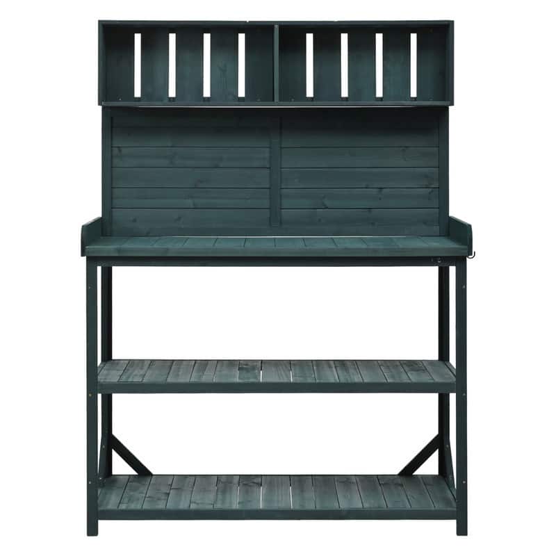 Large Wooden Outdoor Potting Bench Table, Patio Workstation, Garden Potting Bench with 4 Storage Shelves and Side Hook