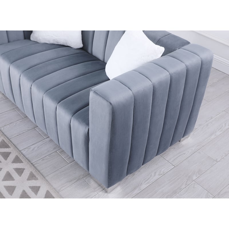 Modern 85.76'' Velvet Channel 3 Seater Sofa Couch, with 2 Pillow, Plush Foam Cushions, Luxurious Upholstered Couch