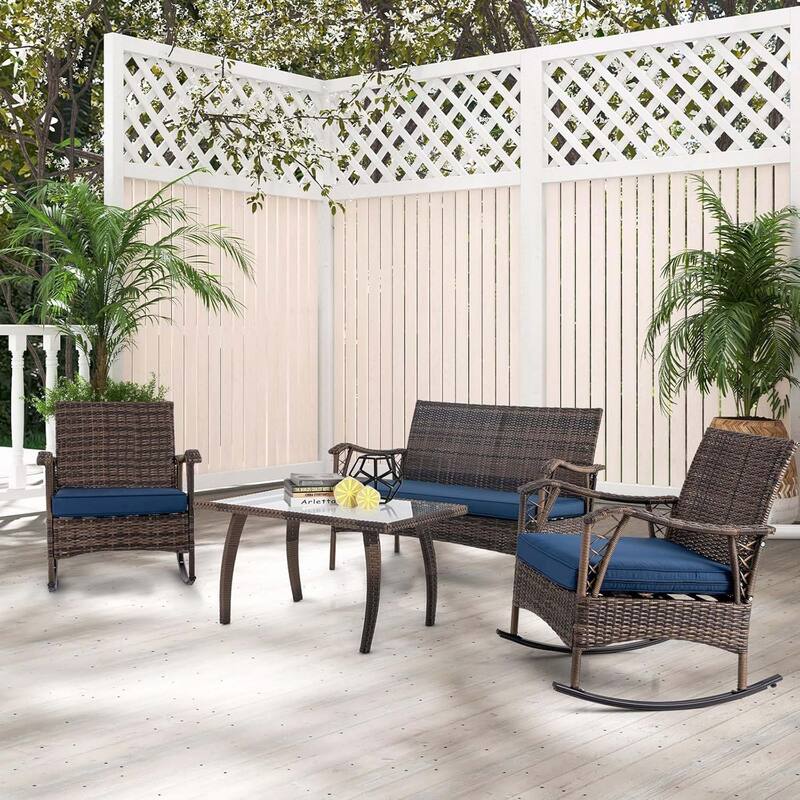 4 PCS Wicker Rocking Set w/ Coffee Table Heavy-Duty Metal Frame