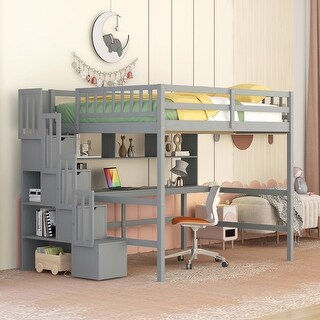 Full Size Loft Bed with Display Stand Desk Underneath, Wood High Loft Bed Frame with Storage Staircase and Storage Shelves