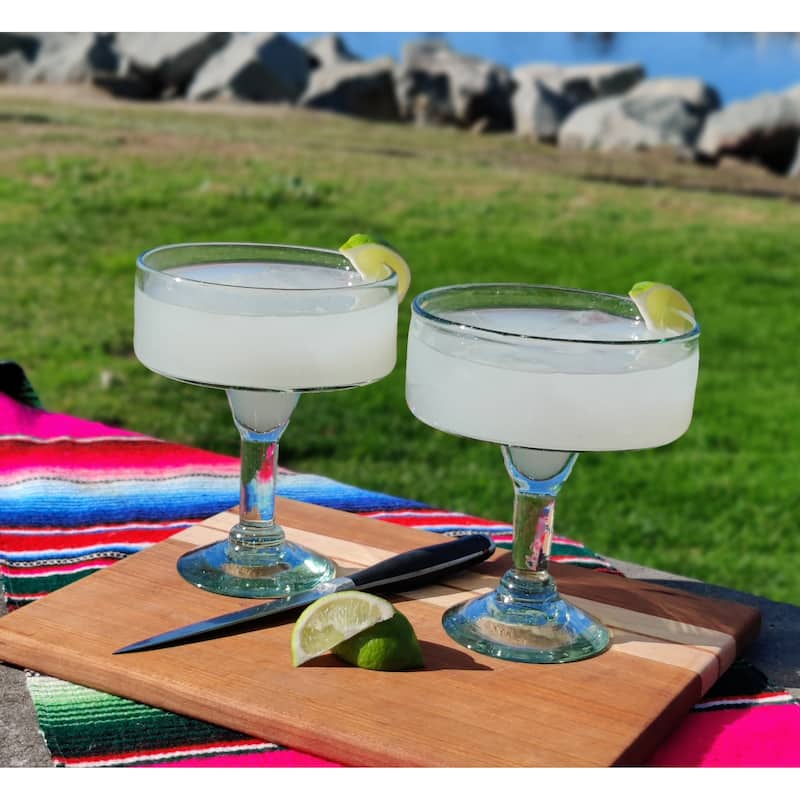 Mexican Hand Blown Glass – Set of 4 Natural Clear Hand Blown Margarita Glasses (16 oz)
