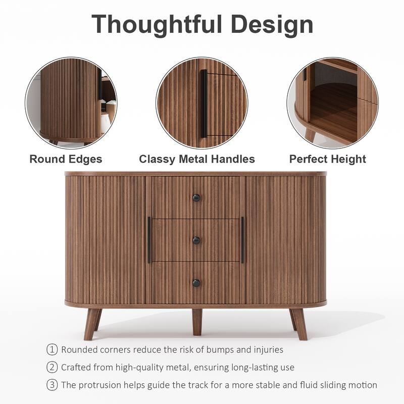 Sideboard Buffet Cabinet with 2 Sliding Tambour Doors and 3 Drawers, Storage Cabinet with Adjustable Shelves for Living Room