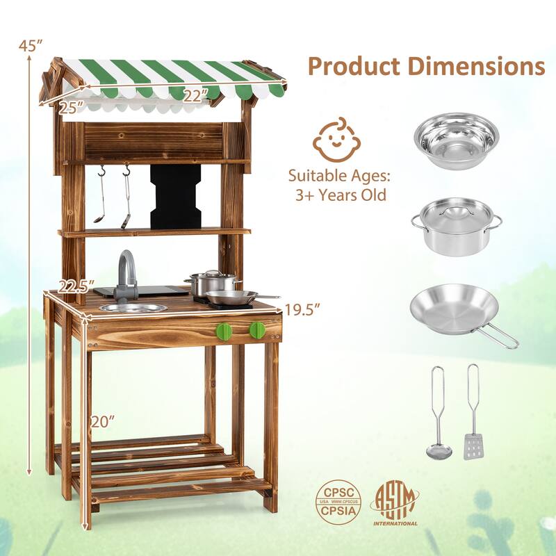 Double-Sided Mud Kitchen with Canopy and Chalkboard for 3+ Years Old-Natural - Multi