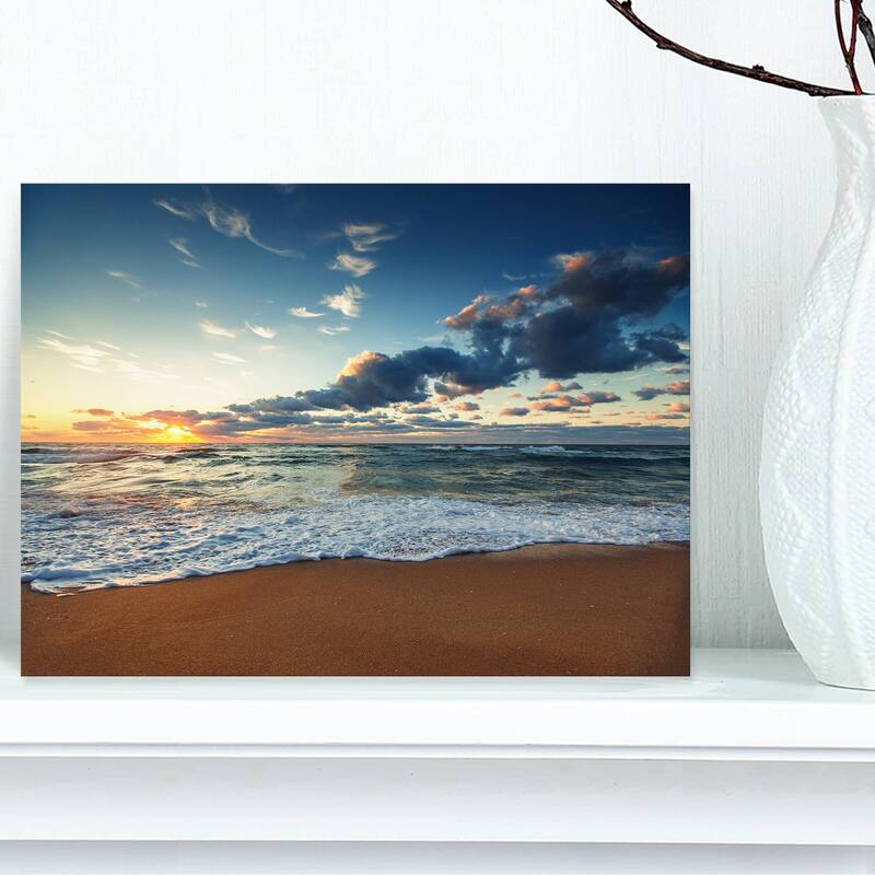 Sunrise and Glowing Waves in Ocean - Seashore Canvas Wall Art - 12 in. wide x 8 in. high