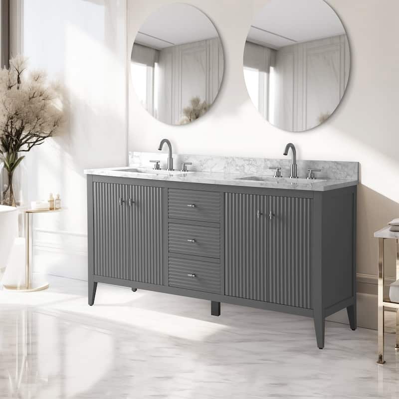 Vanity Art 60" Double Sink Bathroom Vanity Cabinet with Engineered Marble Top
