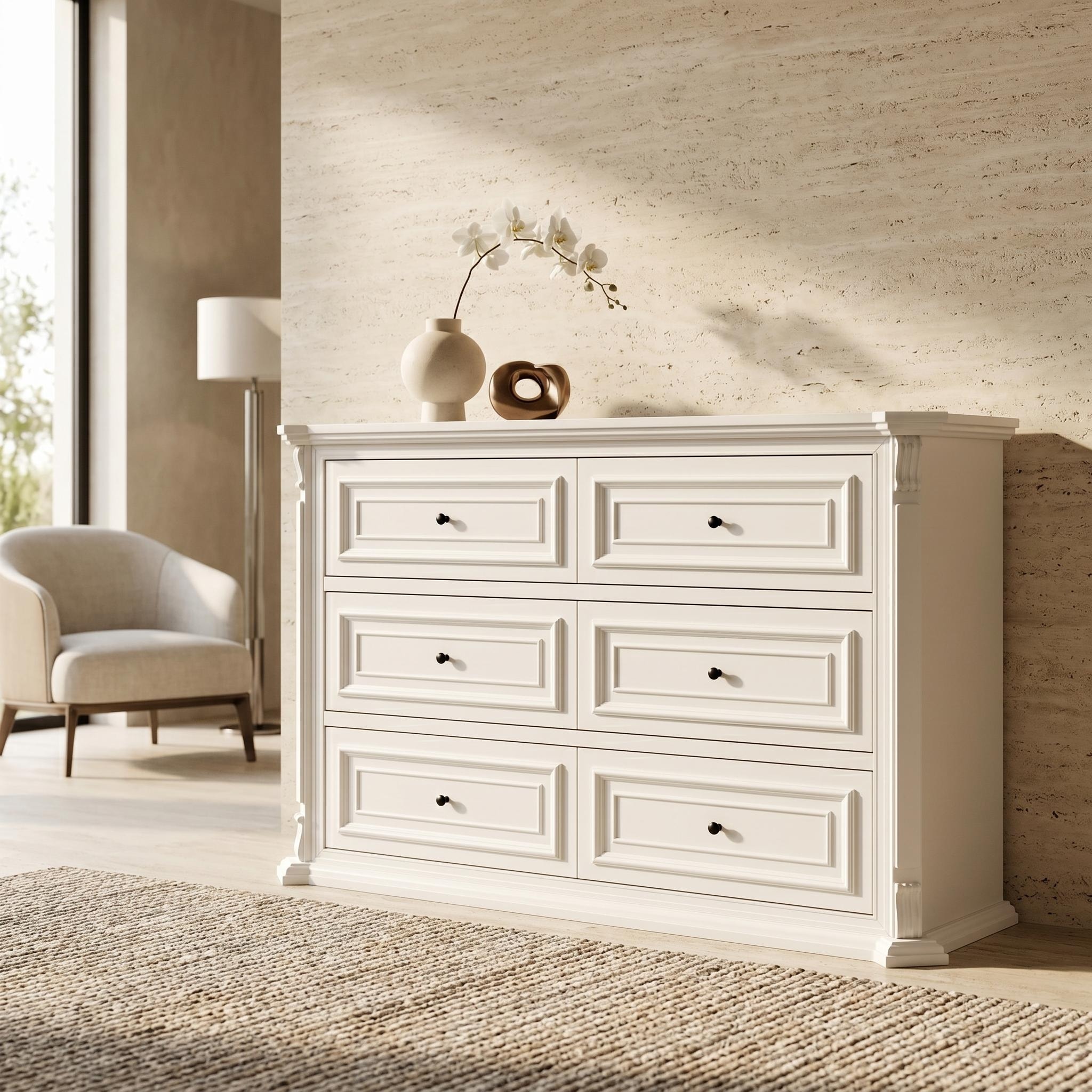 55.1-Inch Wide 6-Drawer Dresser, Traditional White Bedroom Storage Chest with Decorative Moldings, Black Knobs