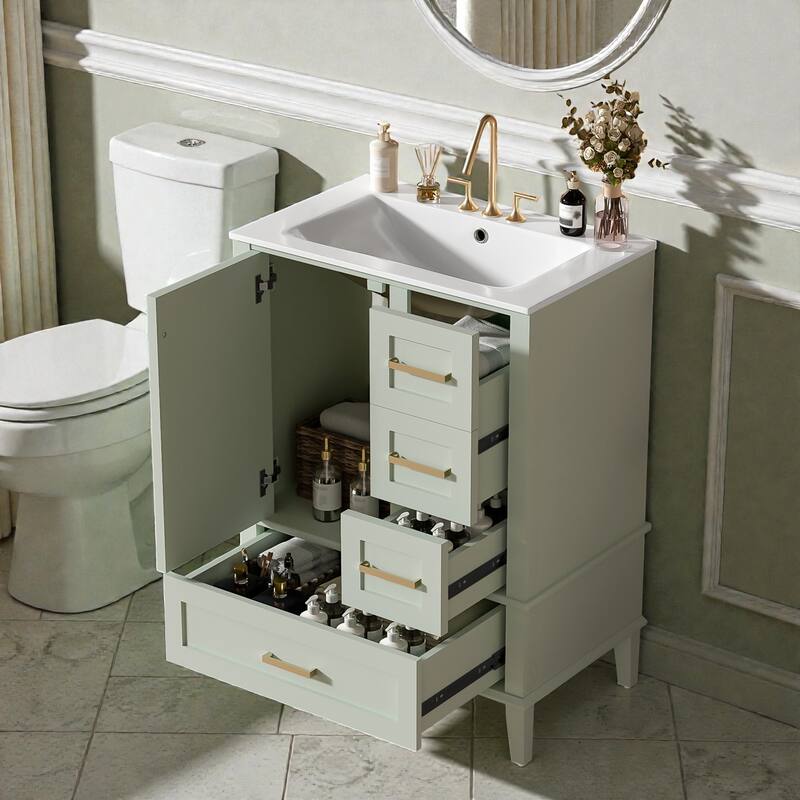 24.8" Bathroom Vanity with Ceramic Sink, Freestanding Cabinet with Soft-Close Door and 3 Drawers, Modern Style