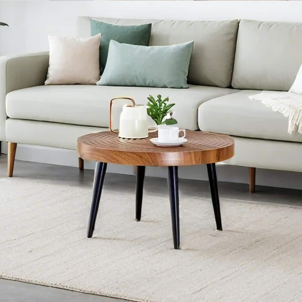 Natural Wood Grain Texture Round Coffee Table,Exquisite Suction Molding Process,Natural Wood Grain Texture,Sprayed Metal Leg