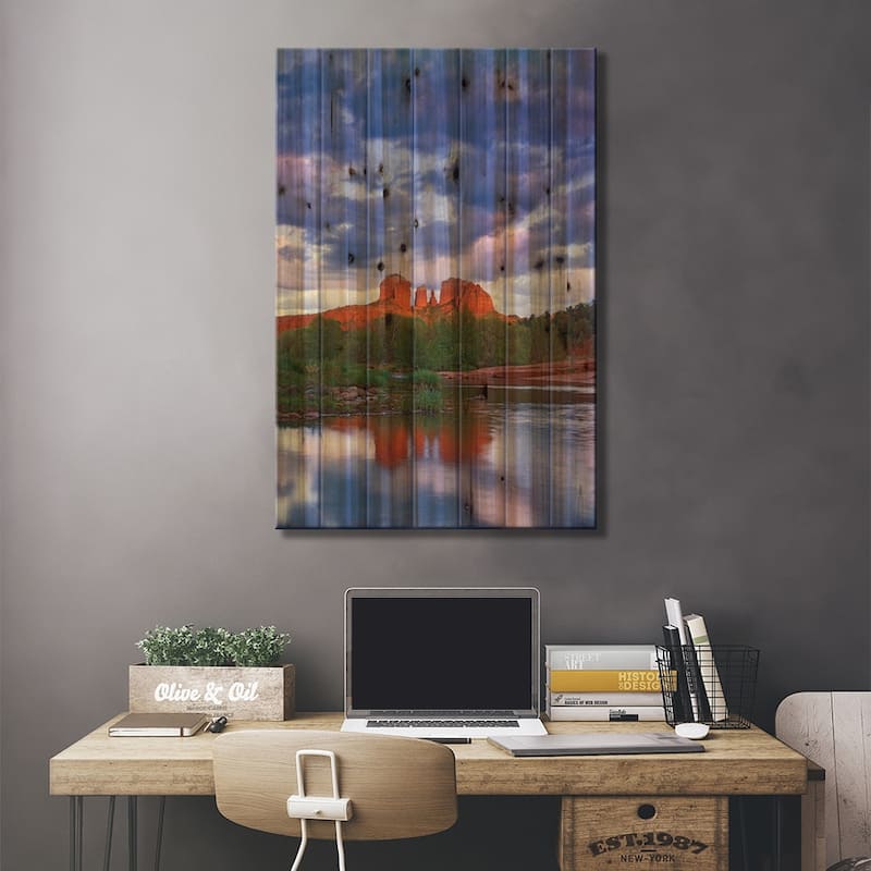 Cathedral Rock Reflected In Oak Creek, Red Rock State Park Near Sedona, Arizona II Print On Wood by Tim Fitzharris - Multi-Color