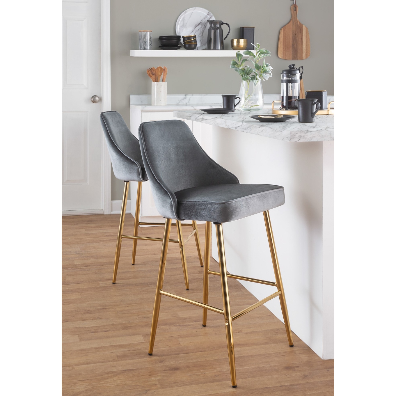 LumiSource Marcel Glam Velvet Gold Metal Counter Stools Set of 2