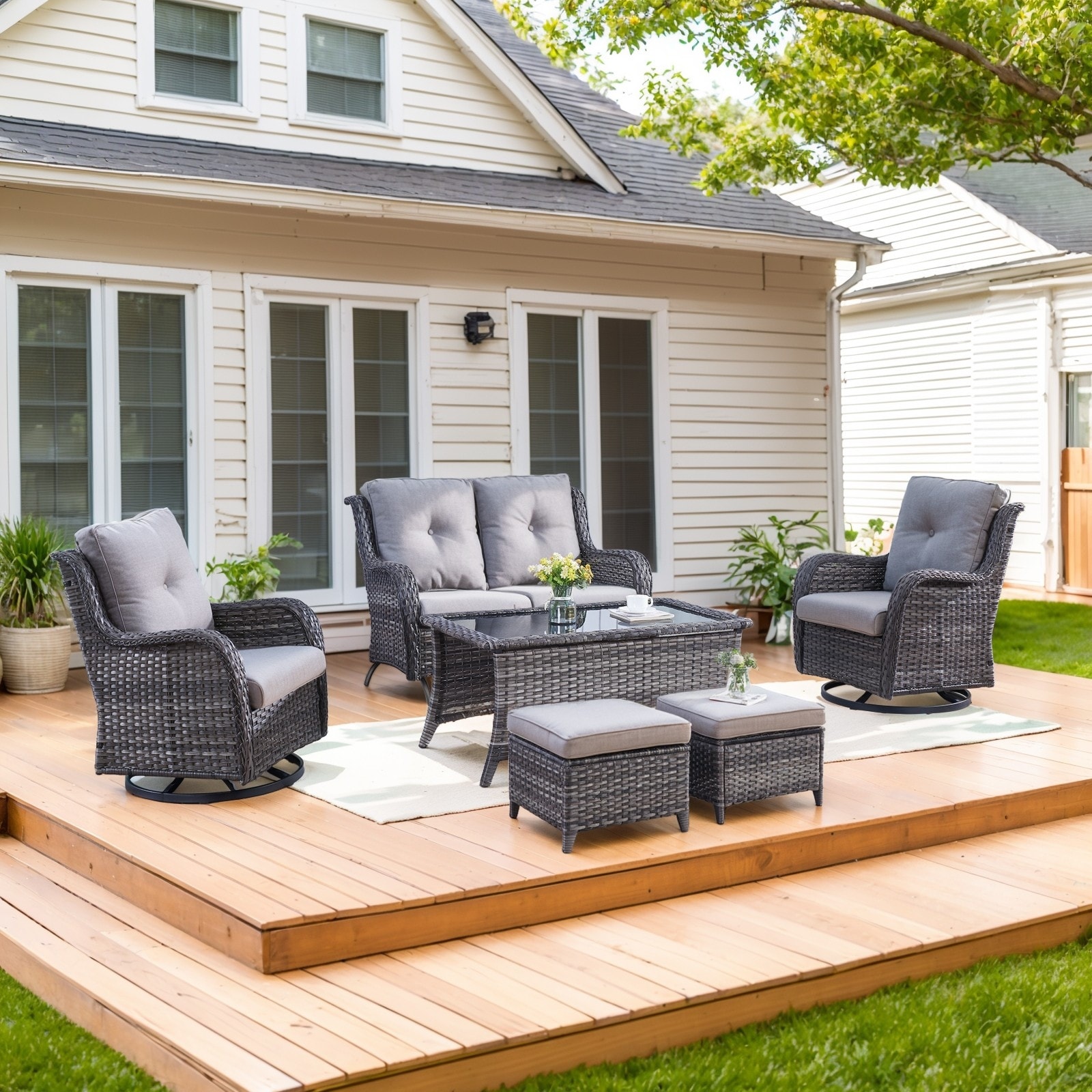 Patio Rattan Loveseat Glider Sofa Swivel Chair with Ottoman - Grey cushion